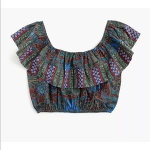 NWT J Crew Paisley Crop Off Shoulder Ruffle Top Cotton Sz M H2346 $65 Stretch WB